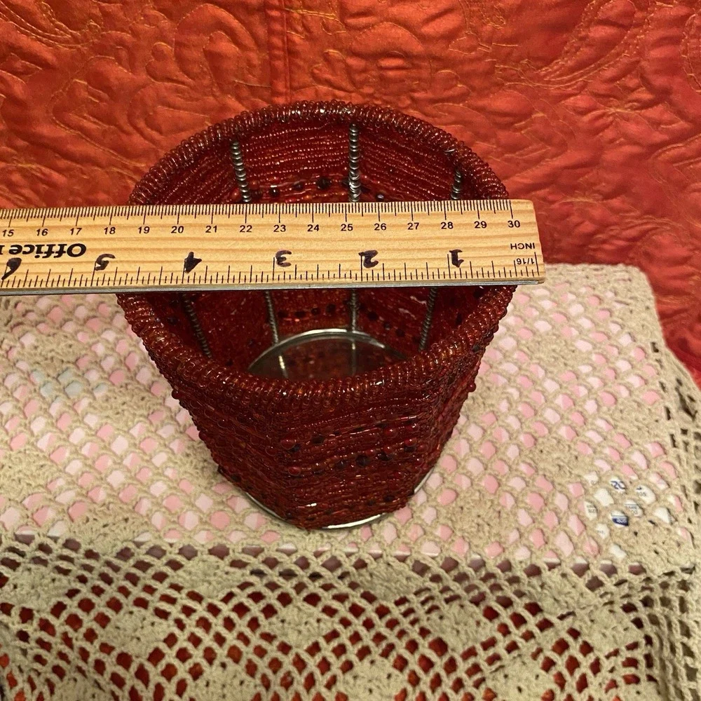 Pottery Barn Red Beaded Candle Holder 5.5